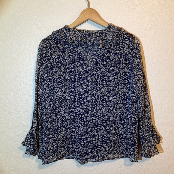 Edward Silk Ruffle Button Front 3/4 Sleeve Blouse Top Women’s Size S Navy Blue - Picture 3 of 5